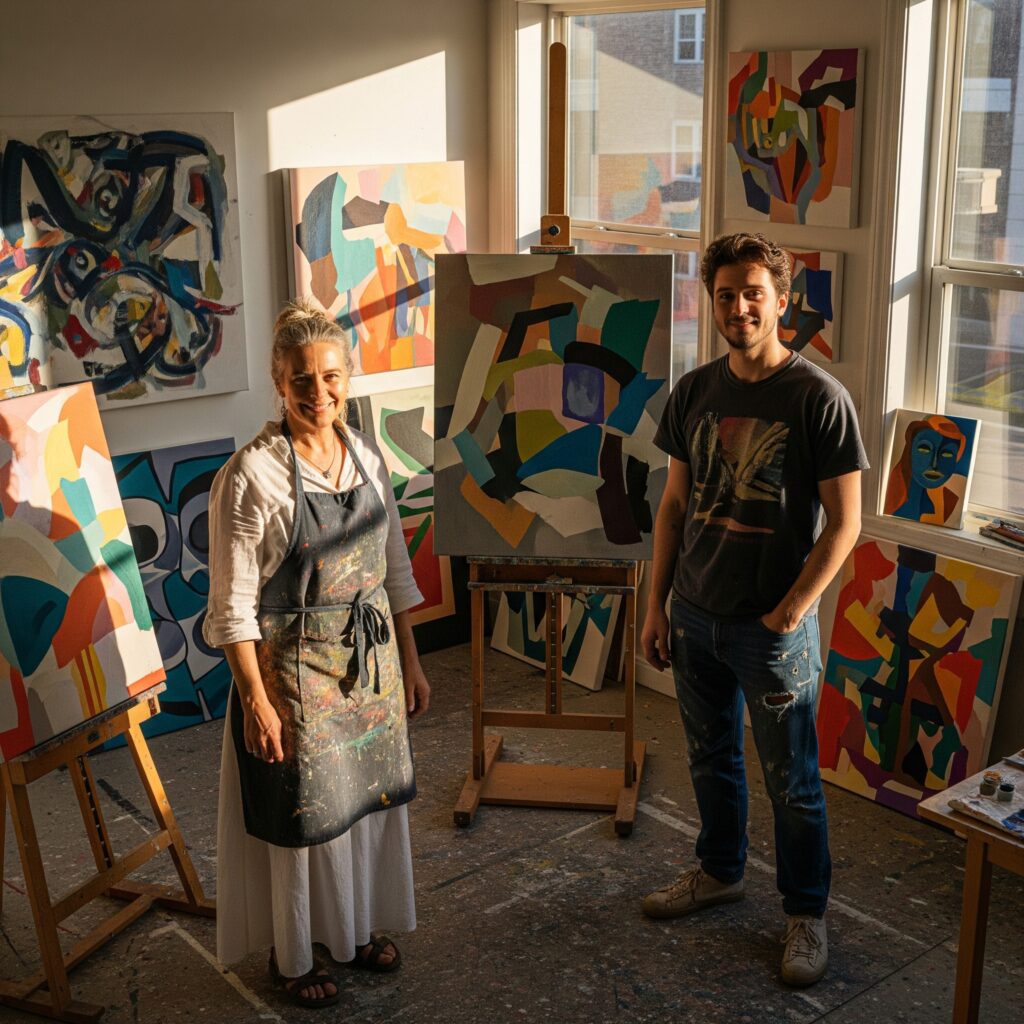 Artist participating in a studio visit with a gallery curator
